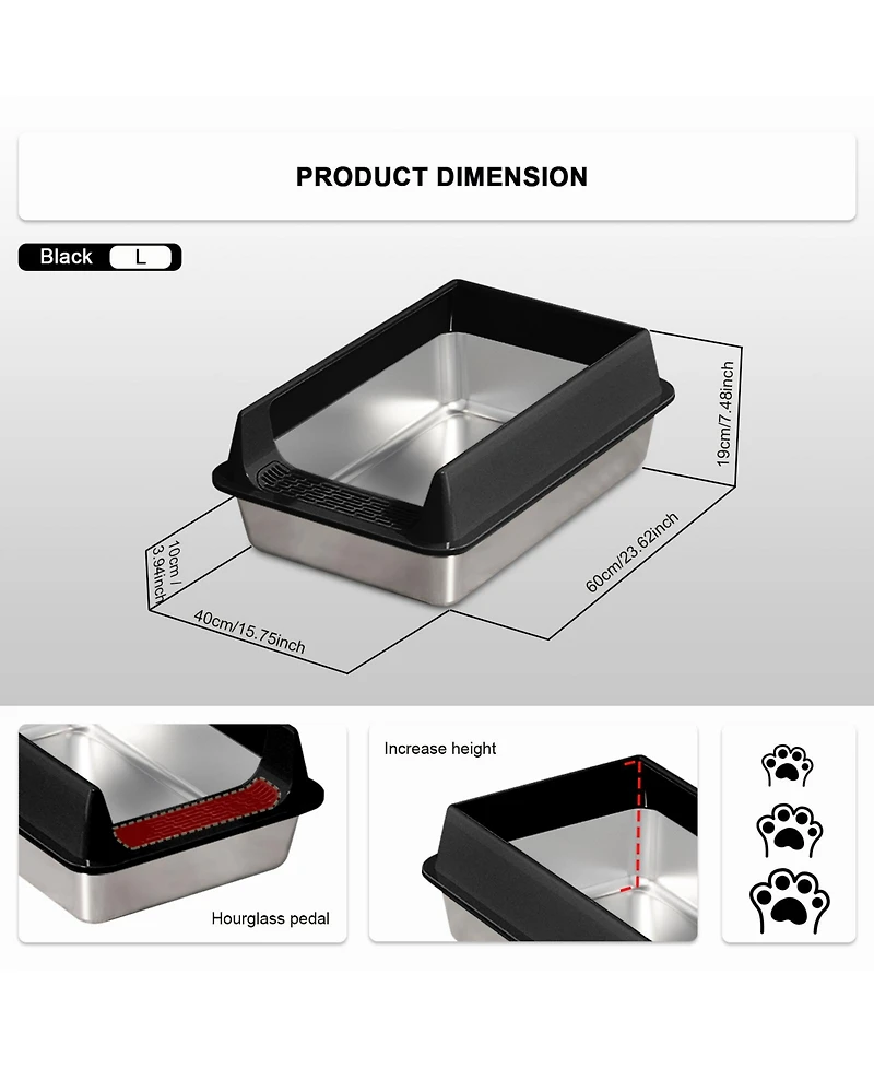 Aostirmotor Stainless Steel Cat Litter Box Black, Large Anti-Rust & Odor Control