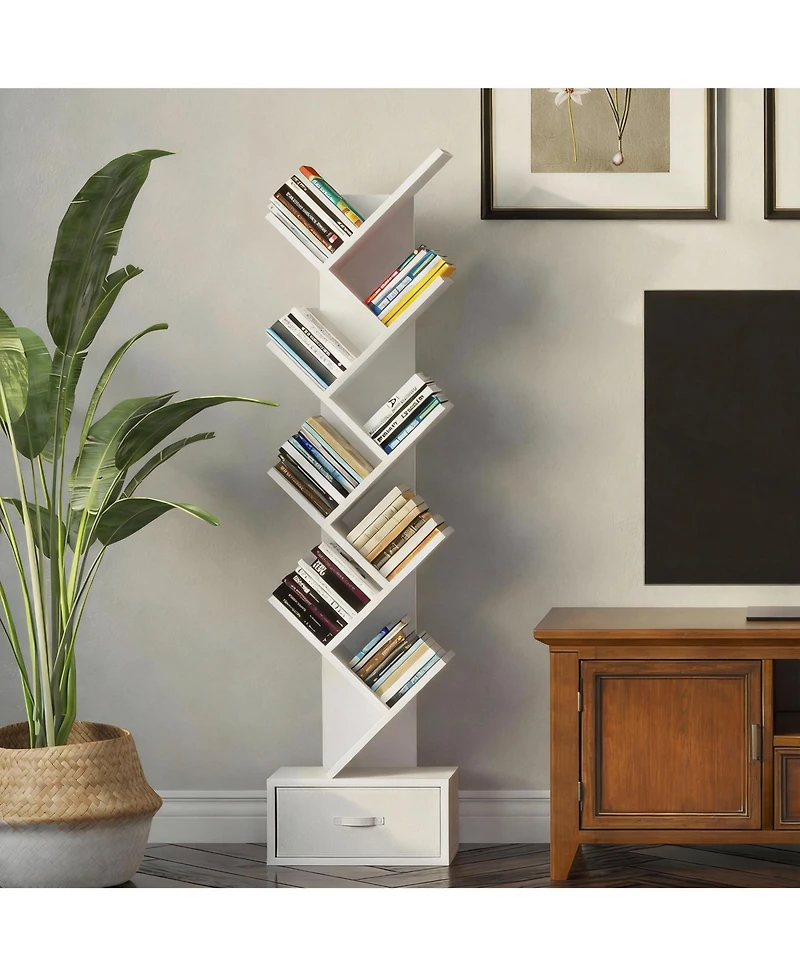 Yigii Vintage Tree-Shaped Bookshelf with 7-9 Shelves & Drawer for Books, CDs, Movies
