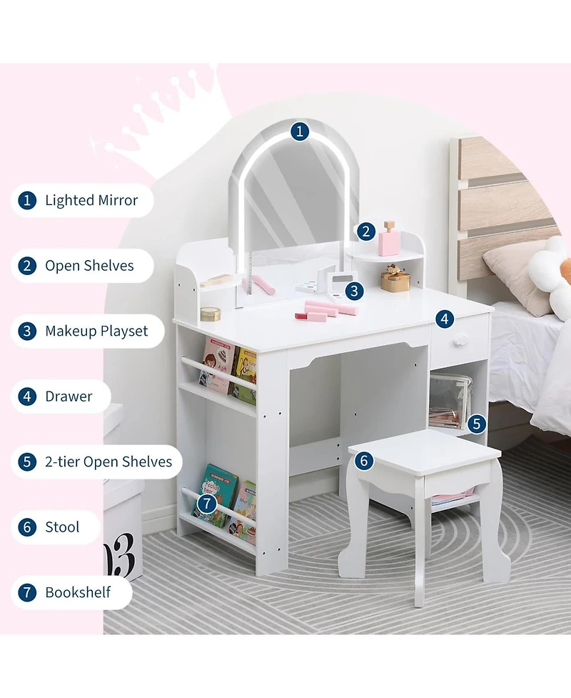 Gaomon 2-in-1 Kids Vanity Set, Lighted Mirror Table with Stool & Storage Bookshelf