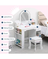 Gaomon 2-in-1 Kids Vanity Set, Lighted Mirror Table with Stool & Storage Bookshelf