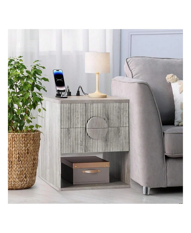 gaomon Set of 2 Modern Farmhouse Fluted Nightstands, 2-Drawer Side Table with Usb Charging Station