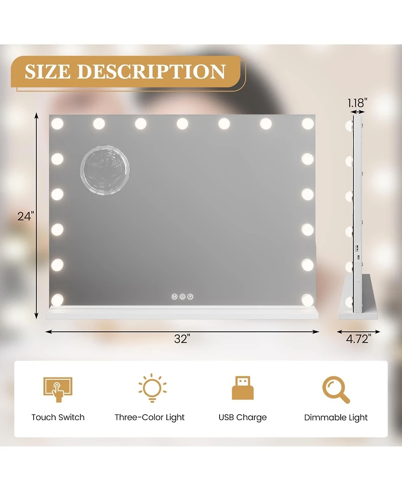Homfan Vanity Mirror with Lights, Equipped with 17 Adjustable Led Lights, Featuring 3X Magnification, Smart Touch Controls with Three Adjustable Color