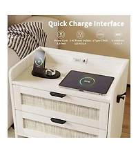 gaomon 1PC White Rattan Nightstand, 2-Drawer Bedside Table with Type-c Charging Station