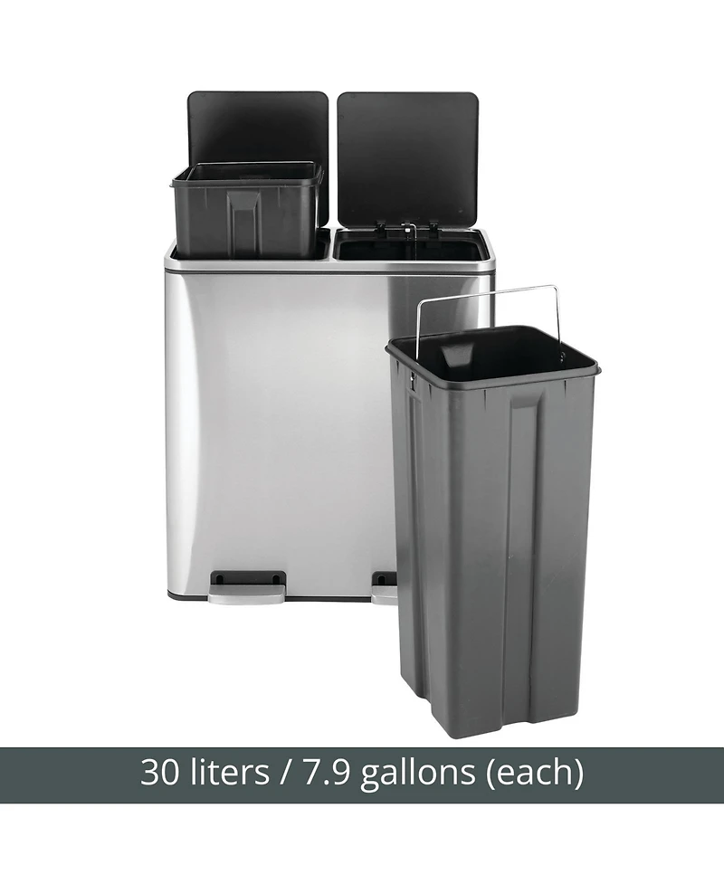 mDesign Metal Steel 60L Large Dual Compartment Step Trash Can - Brushed Chrome