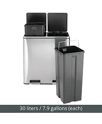 mDesign Metal Steel 60L Large Dual Compartment Step Trash Can - Brushed Chrome