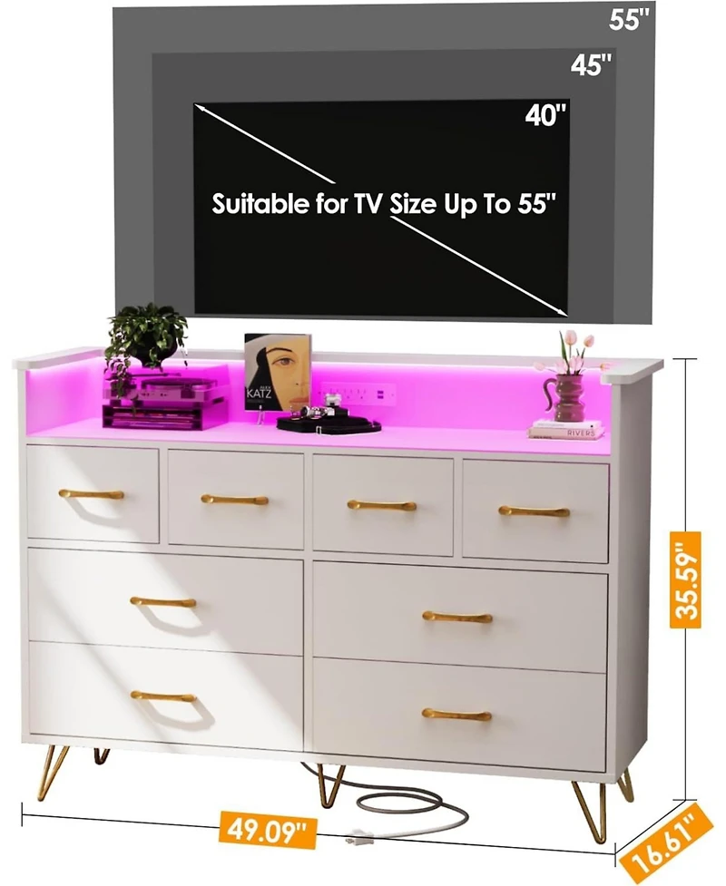 gaomon Dresser for Bedroom with Led Light & Charging Station, 8 Drawers Wooden Dressers Open Space, Modern Chest of Wide Living Room