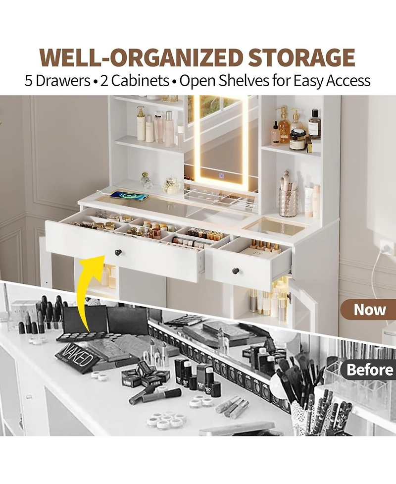 Gaomon 3-Color Led Vanity Desk, Makeup Dressing Table with Space-Saving Sliding Mirror