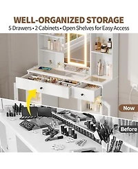 Gaomon 3-Color Led Vanity Desk, Makeup Dressing Table with Space-Saving Sliding Mirror