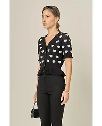 English Factory Women's Heart Cardigan with Short Puff Sleeve