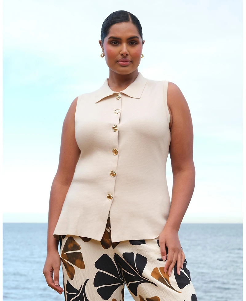 Estelle women's plus Leya Collared Sleeveless Button-Front Fitted Knit Top