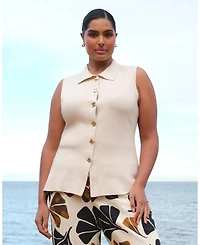 Estelle women's plus Leya Collared Sleeveless Button-Front Fitted Knit Top