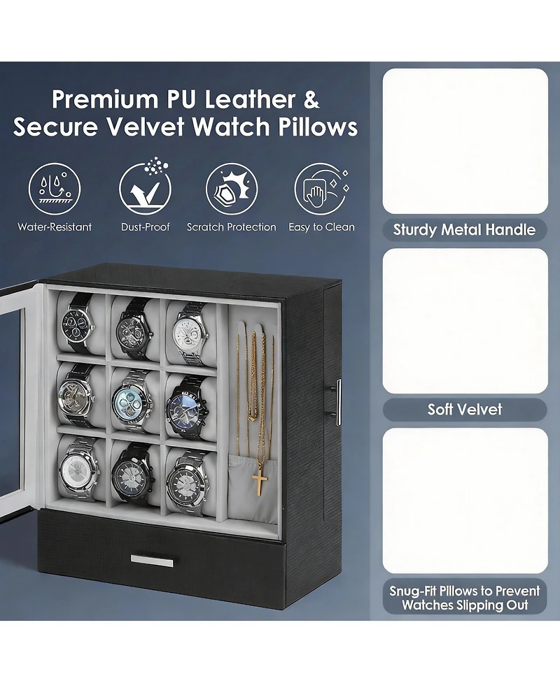 Yigii 9-Slot Vertical Watch Case for Men with Necklace Display and 3-Tier Drawer