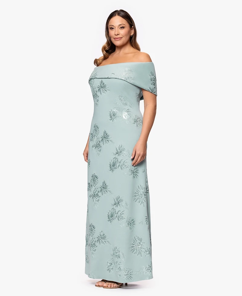 Betsy & Adam Plus Long Jacquard Off The Shoulder Ball Gown
