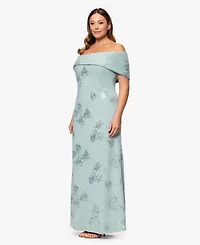 Betsy & Adam Plus Long Jacquard Off The Shoulder Ball Gown