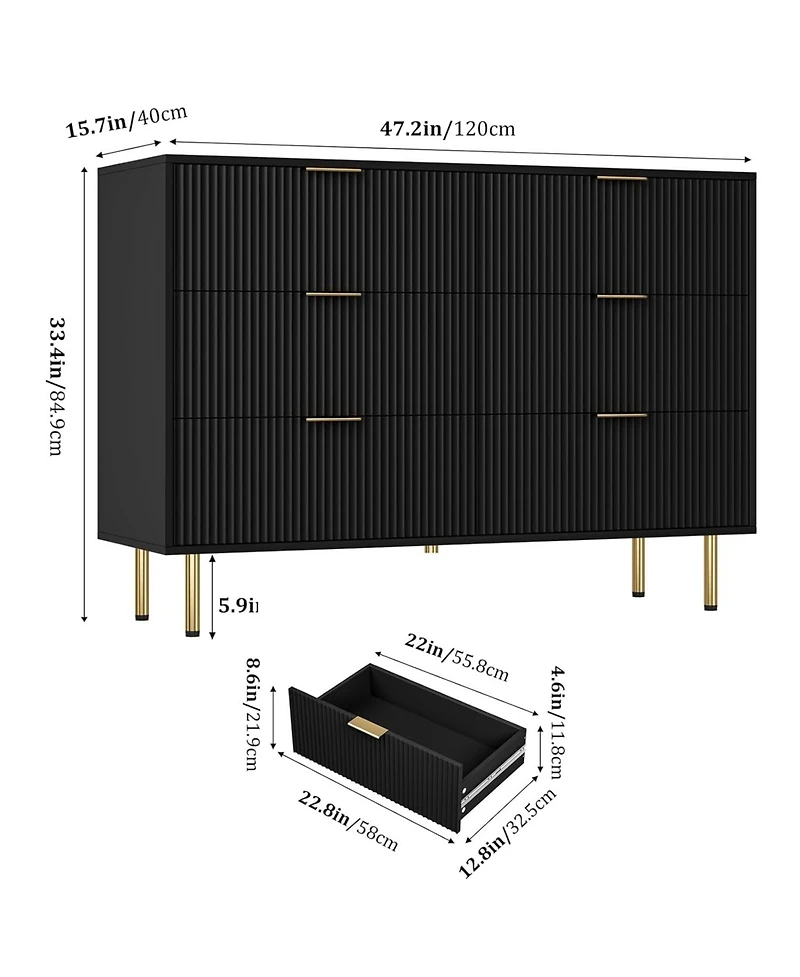 gaomon 6-Drawer Fluted Dresser for Bedroom, Modern Chest of Drawers with Gold Handles, Wood Storage Organizer Living Room, Closet, or Hallway