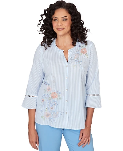 Alfred Dunner Petite Striped Floral Embroidered Button-Down Top
