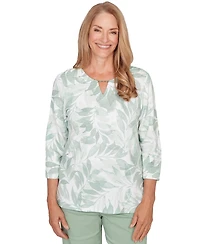 Alfred Dunner Petite Monotone Leaf Print Split Neck Top