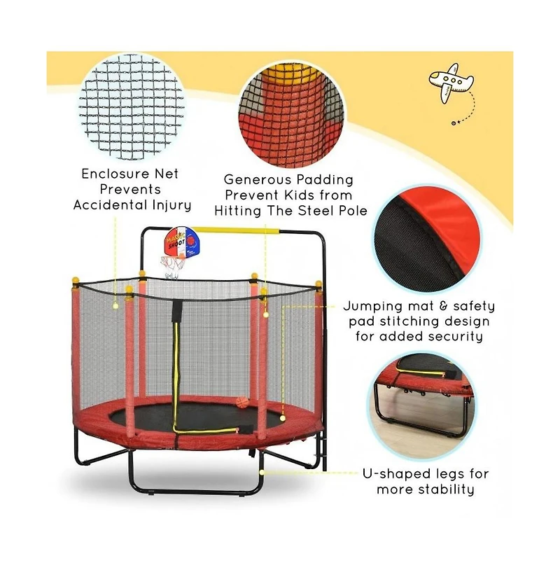 Hongge Kids Indoor Trampoline with Safety Net and Basketball Hoop