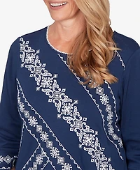 Alfred Dunner Petite Mykonos Diagonal Scroll Embroidered Crew Neck Top