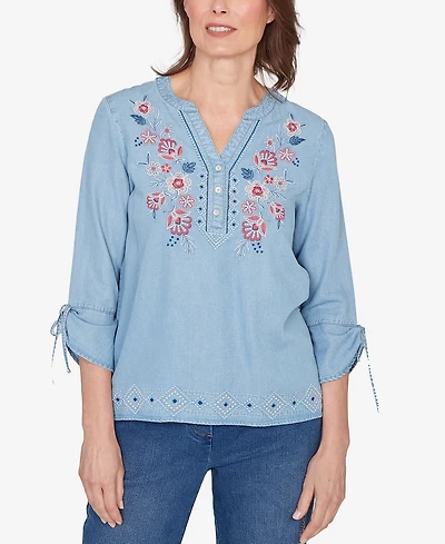 Alfred Dunner Petite Austin Floral Embroidered Tie Sleeve Henley Top