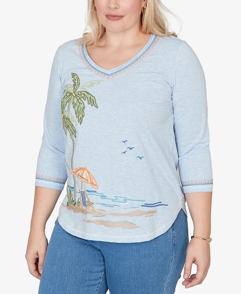 Alfred Dunner Petite Beachcomber Scenic Palm Tree Embroidered Top