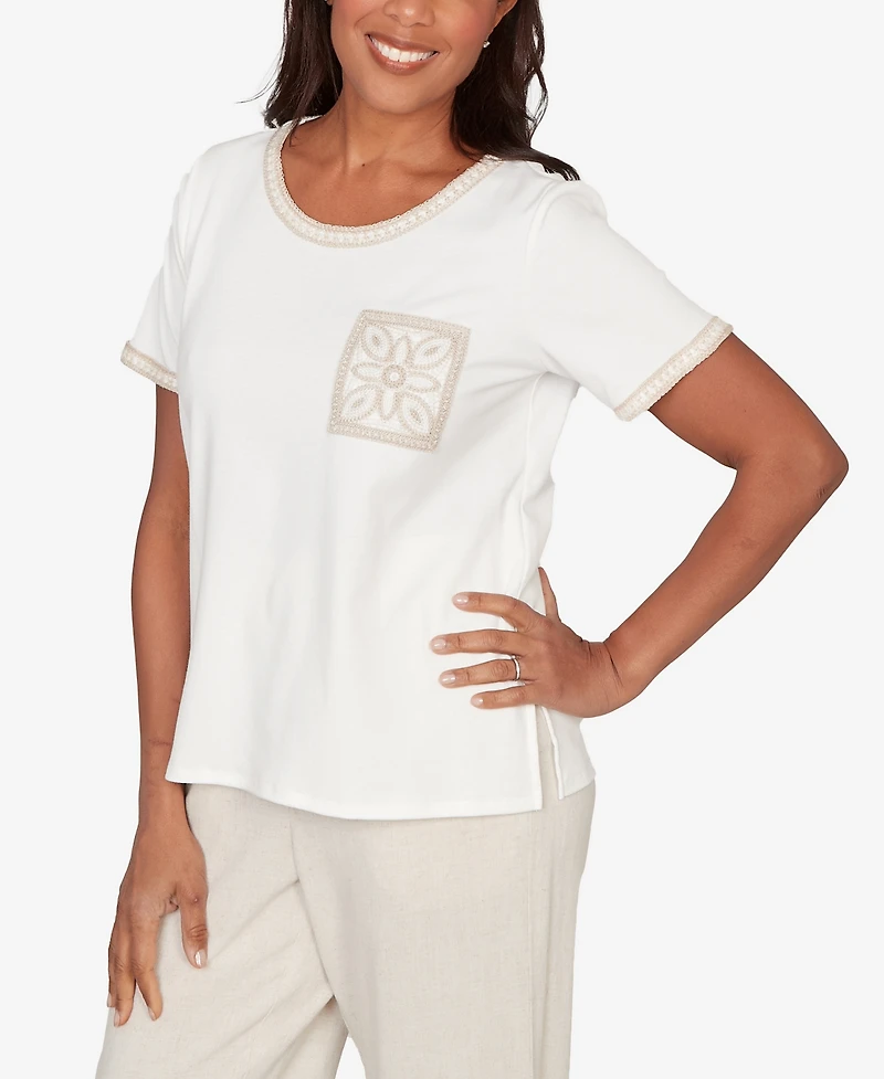 Alfred Dunner Petite Natural Wonder Crochet Pocket Short Sleeve T-shirt