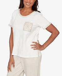 Alfred Dunner Petite Natural Wonder Crochet Pocket Short Sleeve T-shirt