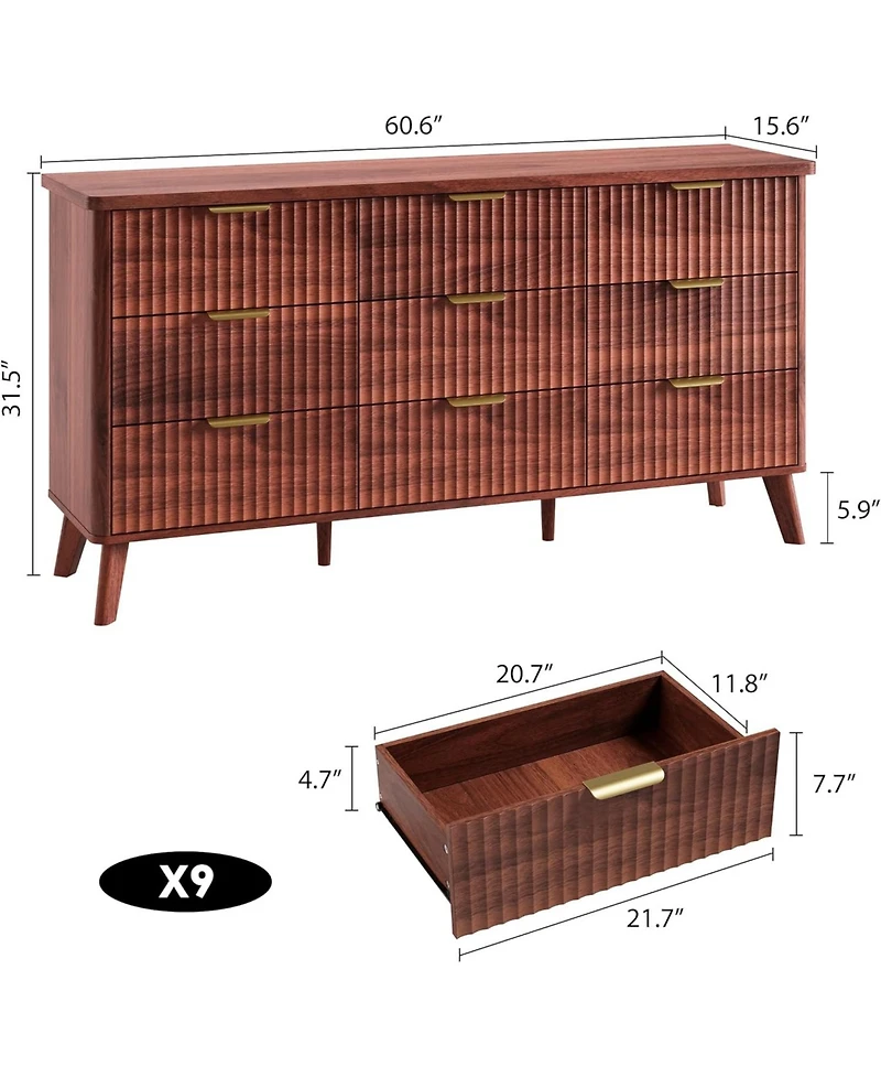 Gaomon Fluted Dresser for Bedroom with 9 Deep Drawers, 60.6 Wide Modern Chest of Wooden Tv Stand