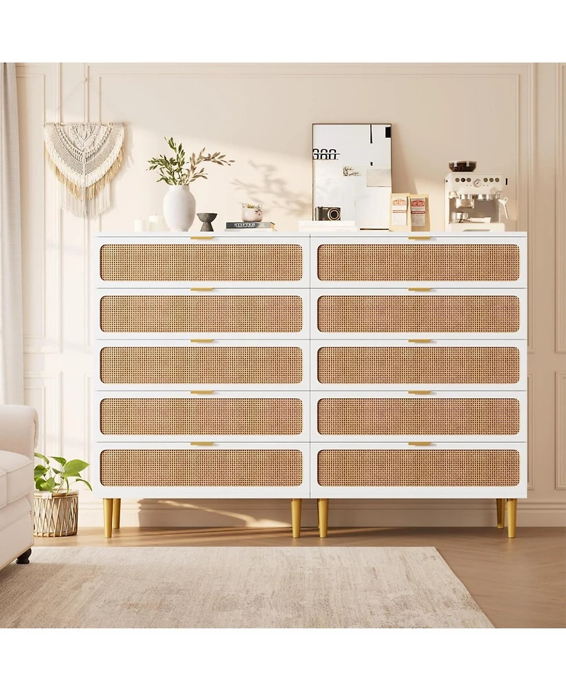 Gaomon Rattan 5-Drawer Tall Dresser, Large Storage Chest with Deep Drawers and Wide Top for Bedroom, Closet or Hallway