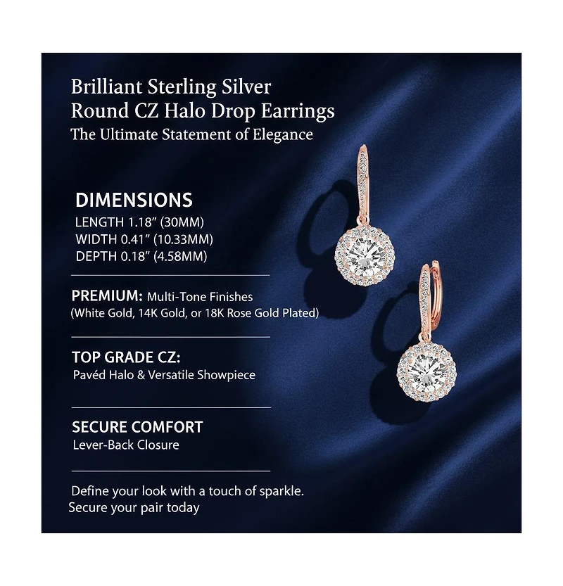 Sparkling Halo Circle Drop Earrings in Sterling Silver with Cubic Zirconia