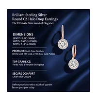 Sparkling Halo Circle Drop Earrings in Sterling Silver with Cubic Zirconia