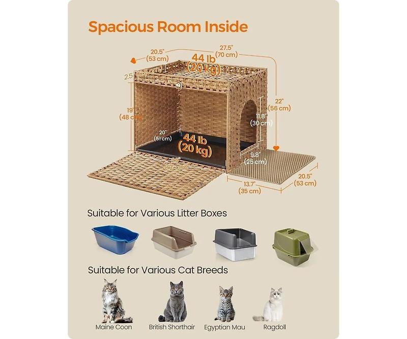 Cozito Boho Litter Box Enclosure Cabinet with Slide-Out Tray, Litter Mat, Reversible Entry, 26" x 20" x 19