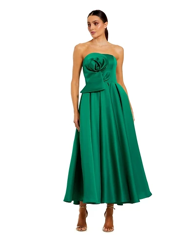 Mac Duggal Women's Strapless Satin A Line Midi Dress With 3D Flower Dresses