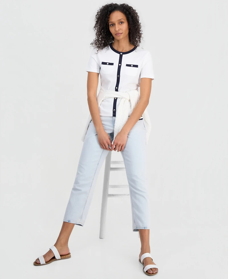 Nautica Women's Cotton Cardigan-Look Short-Sleeve Knit Top