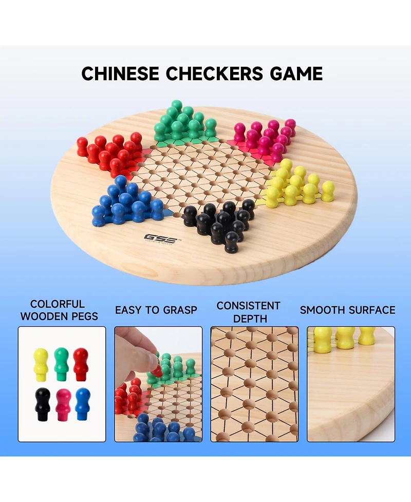 Gse Games & Sports Expert 11.5" Wood 2-in-1 Chinese Checkers and Gobang Board Game with 66 Colorful Wooden Pegs and Stones