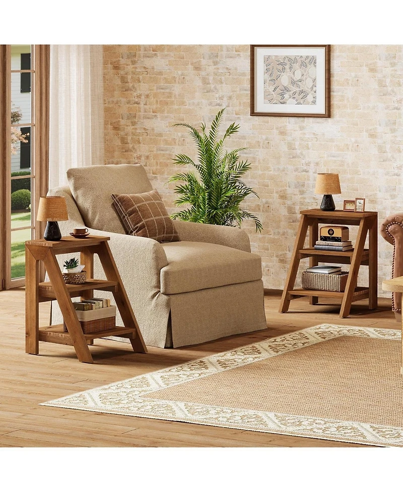 Tribesigns Solid Wood End Table, 3-Tier Farmhouse Side Table with Open Storage Shelves, Rustic Nightstand for Living Room, Brown