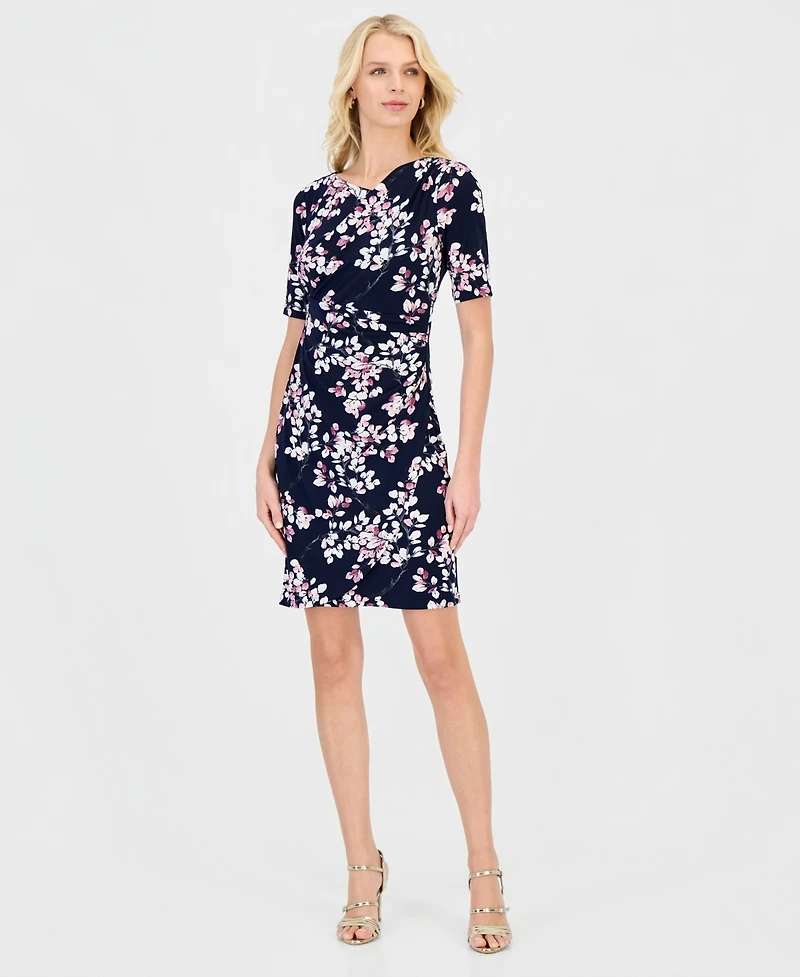 Connected Petite Floral Faux-Wrap Elbow-Sleeve Dress