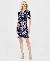 Connected Petite Floral Faux-Wrap Elbow-Sleeve Dress