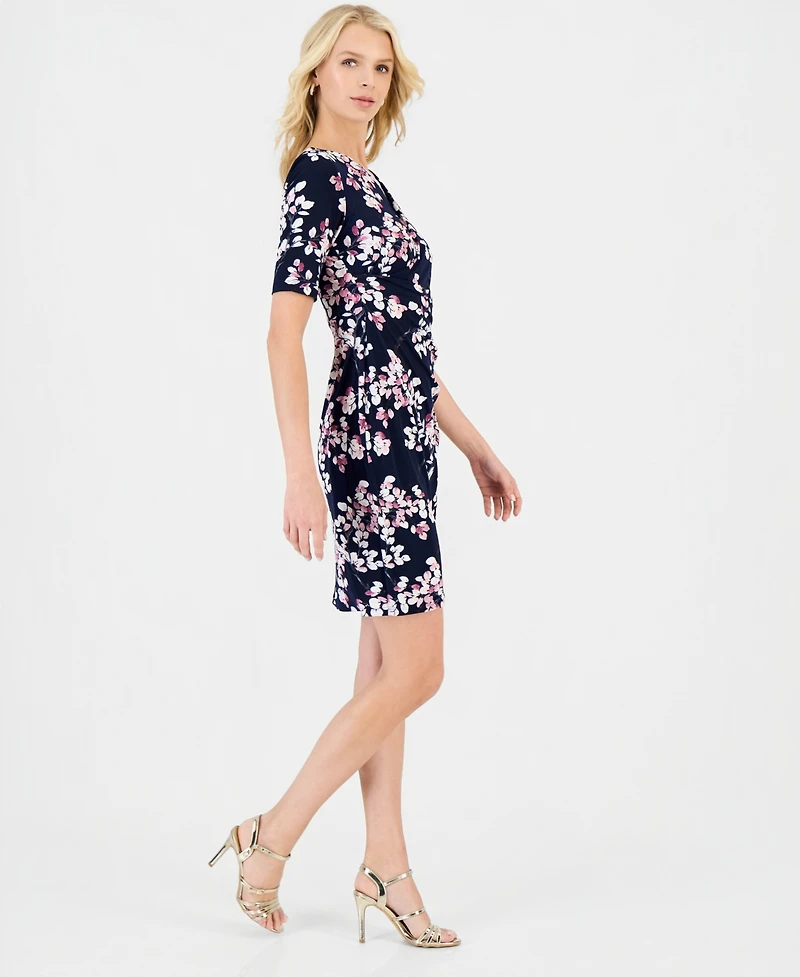 Connected Petite Floral Faux-Wrap Elbow-Sleeve Dress
