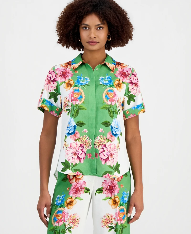 T Tahari Women's Collared Short-Sleeve Floral Blouse