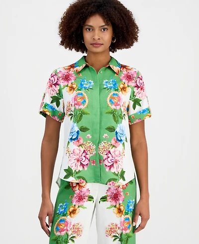 T Tahari Women's Collared Short-Sleeve Floral Blouse