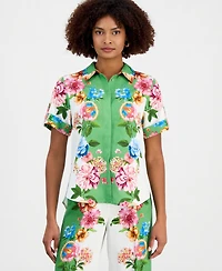 T Tahari Women's Collared Short-Sleeve Floral Blouse