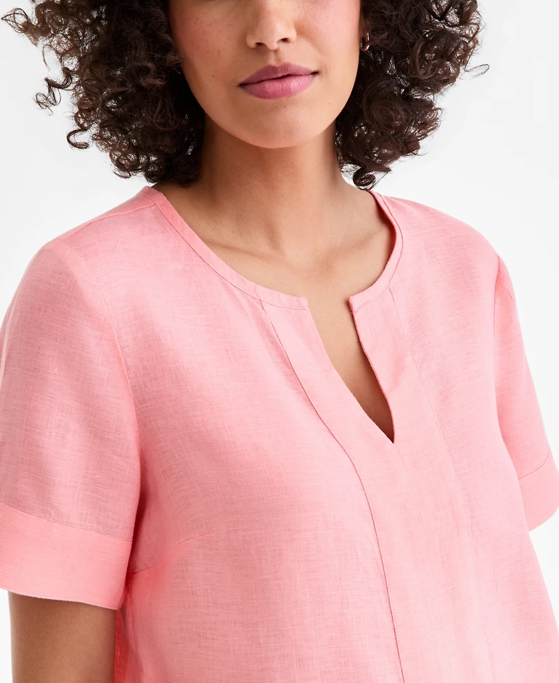 Charter Club Women's Split-Neck 100% Linen Top, Exclusively at Macy's