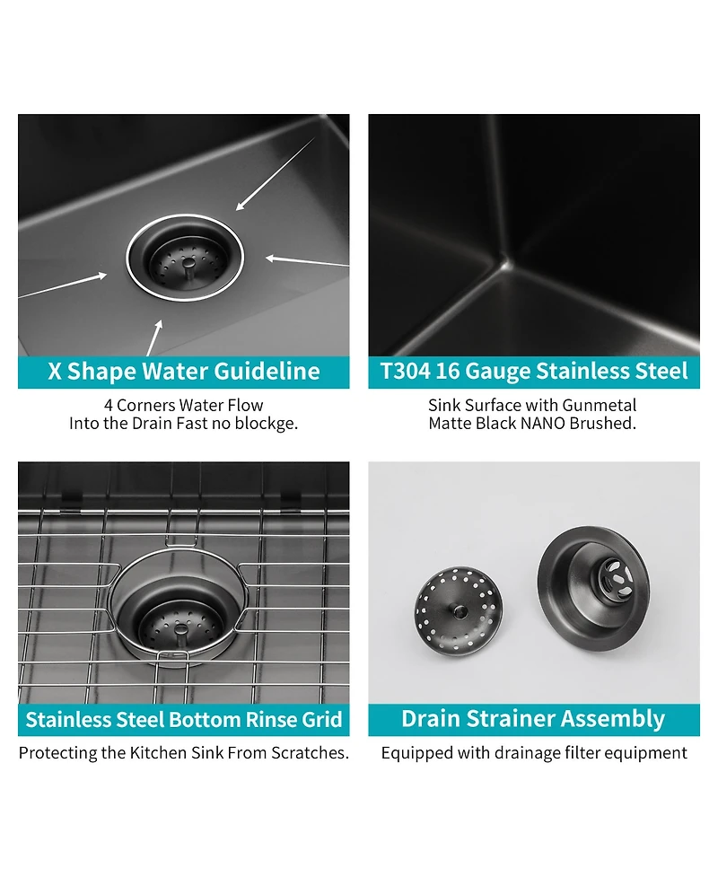 flynama 30x18x10 Inch Gunmetal Undermount Kitchen Sink 16 Gauge SUS304 Stainless Steel Single Bowl With Dish Grid Drain Assembly Drying Rack