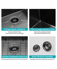 flynama 30x18x10 Inch Gunmetal Undermount Kitchen Sink 16 Gauge SUS304 Stainless Steel Single Bowl With Dish Grid Drain Assembly Drying Rack
