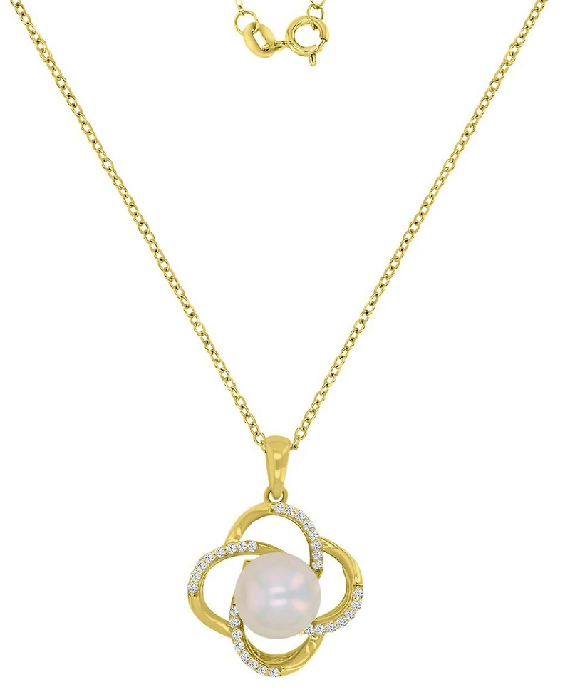 Macy's Diamond (3.85 ct. t.w.) & Imitation Pearl Flower Necklace in 14k Yellow Gold Over Sterling Silver