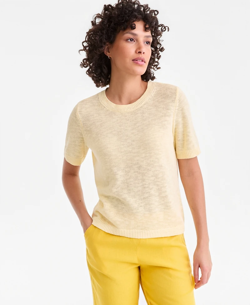 Charter Club Women's Linen Blend Textured Crewneck Short-Sleeve Sweater, Macy's Exclusive