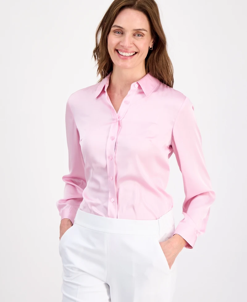 Kasper Women's Button-Front Long-Sleeve Collared Neck Blouse