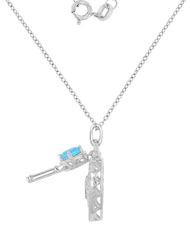 Macy's Swiss Blue Topaz (0.6 ct. t.w.) and White Sapphire (0.105 ct. t.w.) Heart and Key Pendant Necklace in Rhodium Over Sterling Silver