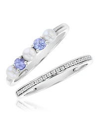 Macy's Diamond (0.069 ct. t.w.) Imitation Pearl & Tanzanite Stackable Band Ring Set in Rhodium Over Sterling Silver